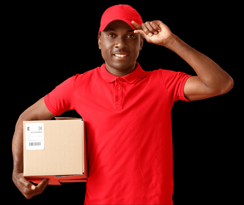 Man about to delivery a package with a smile